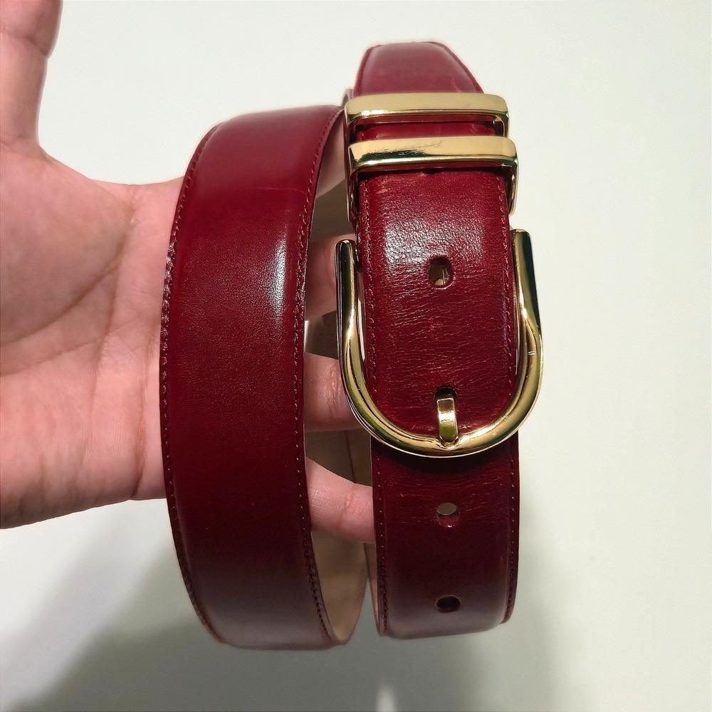 Talbots Women Red Genuine Leather Belt Gold Buckle Double Loop Size Large